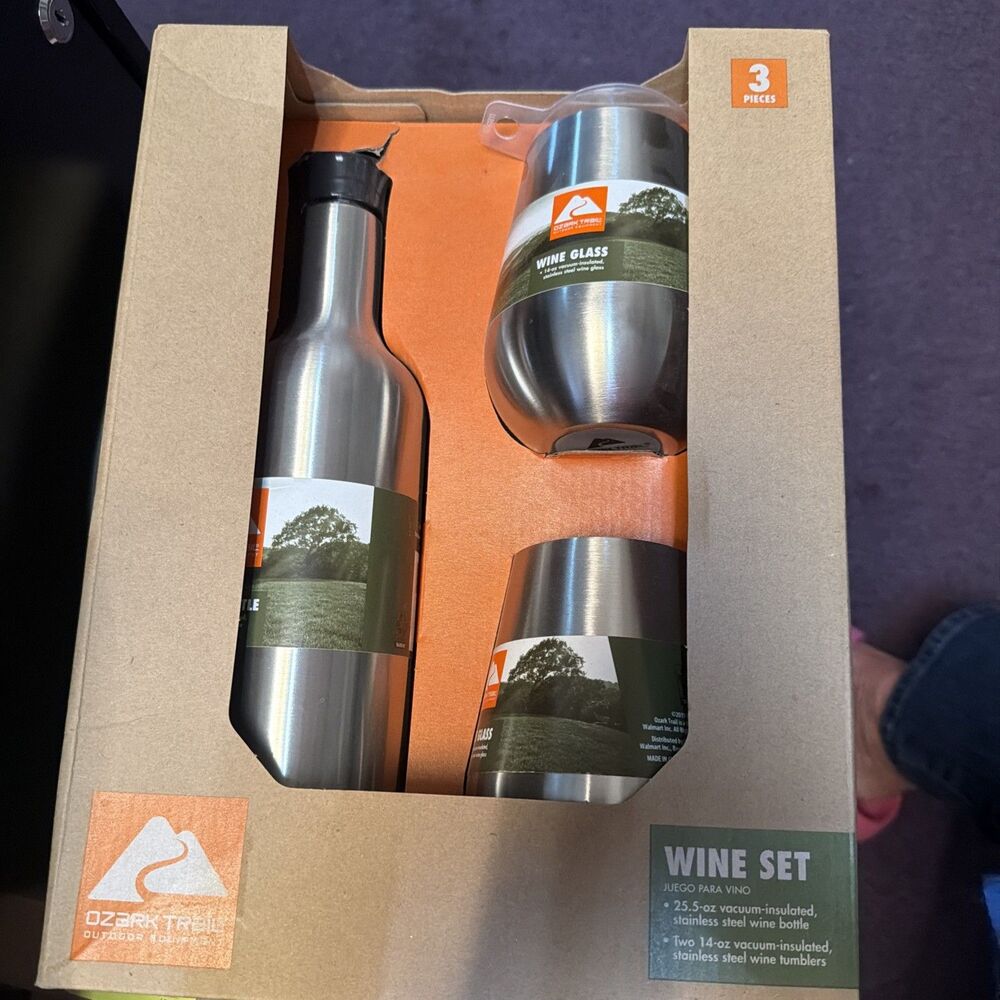 OZARK TRAIL Stainless Steel WINE SET Vacuum Insulated 3 pc 2-Glass 25.5oz Bottle